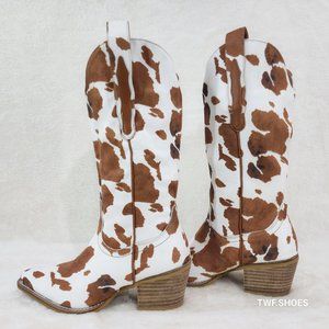 Western Rancher Faux Suede Tan White Cow Print Cowboy Pull On Cowgirl Boots